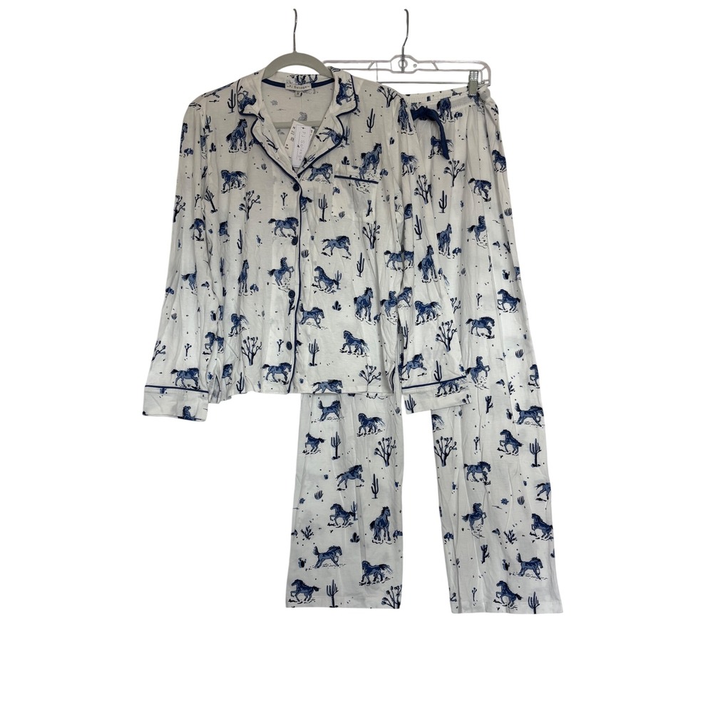 NWT PJ Salvage White/Blue DESERT DAZE HORSES Knit Pajama/Lounge Set Women's M